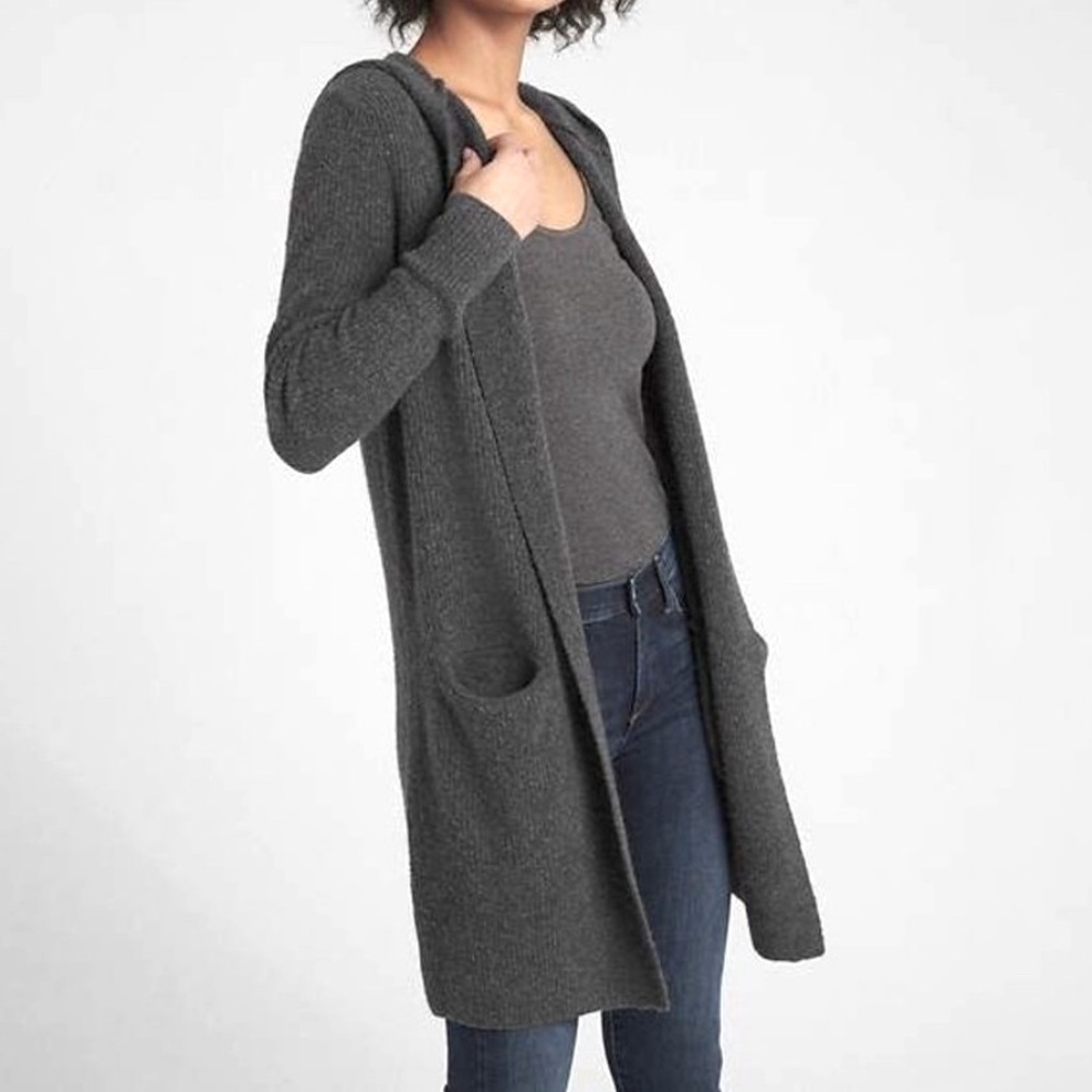 🆕 GAP Open Front Boucle Longline Hooded Gray Cardigan with Pockets, Size XS